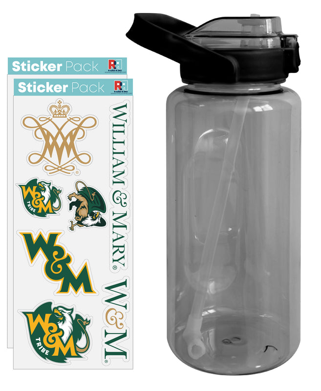 William and Mary Waterproof Stickers with 64 oz Large Water Bottle with Screw-on Top and Straw Officially Licensed Product Single