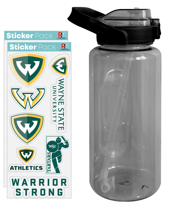Wayne State Waterproof Stickers with 64 oz Large Water Bottle with Screw-on Top and Straw Officially Licensed Product 4-Pack