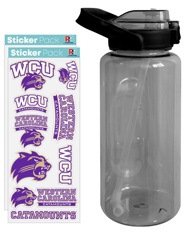Western Carolina University Waterproof Stickers with 64 oz Large Water Bottle with Screw-on Top and Straw Officially Licensed Product Single