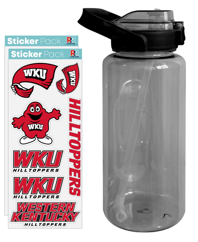 Western Kentucky Hilltoppers Waterproof Stickers with 64 oz Large Water Bottle with Screw-on Top and Straw Officially Licensed Product 2-Pack