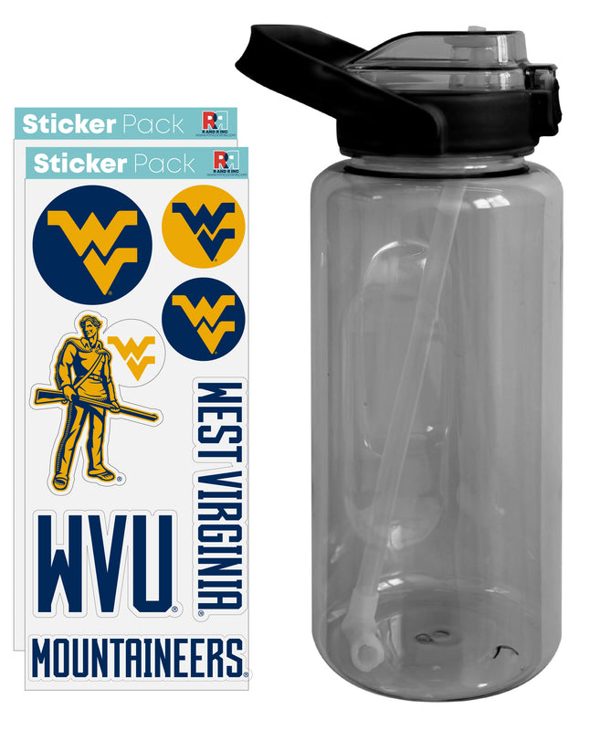 West Virginia Mountaineers Waterproof Stickers with 64 oz Large Water Bottle with Screw-on Top and Straw Officially Licensed Product 2-Pack