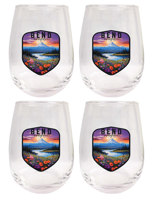 Bend Oregon Design A Souvenir 15 oz Stemless Wine Glass 4-Pack