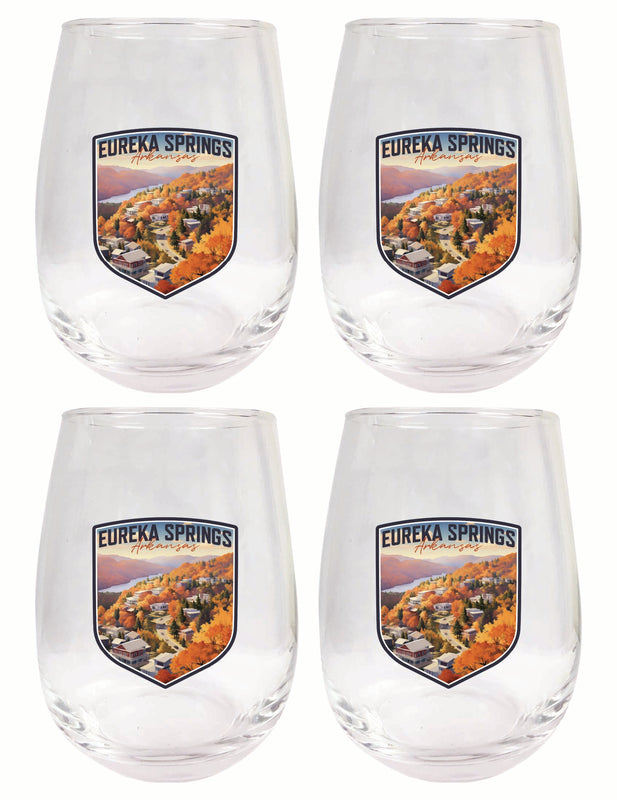 Eureka Springs Arkansas Little Switzerland of the Ozarks Design Souvenir 15 oz Stemless Wine Glass 4-Pack