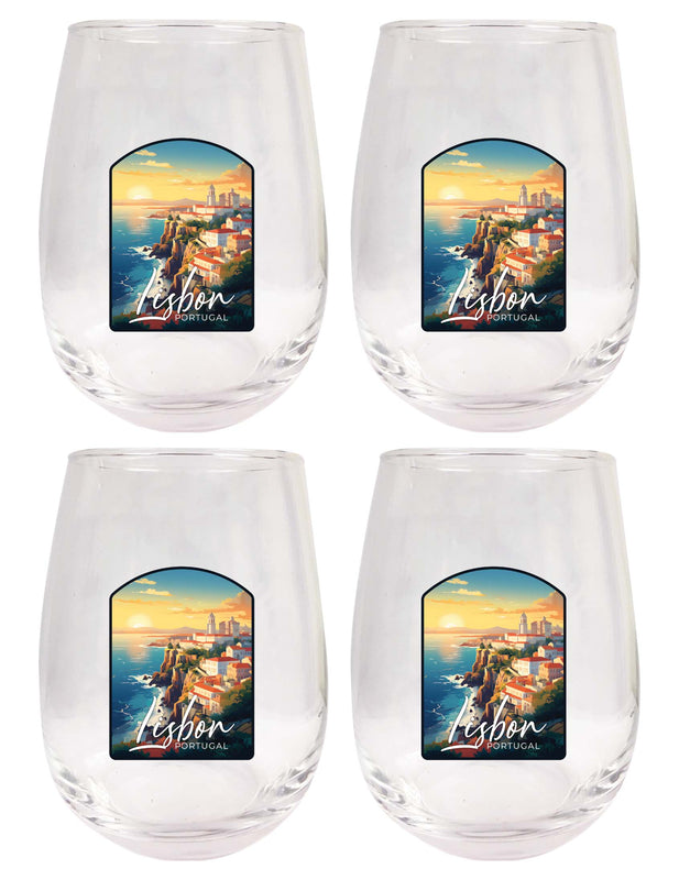 Lisbon Portugal Design B Souvenir 15 oz Stemless Wine Glass 4-Pack