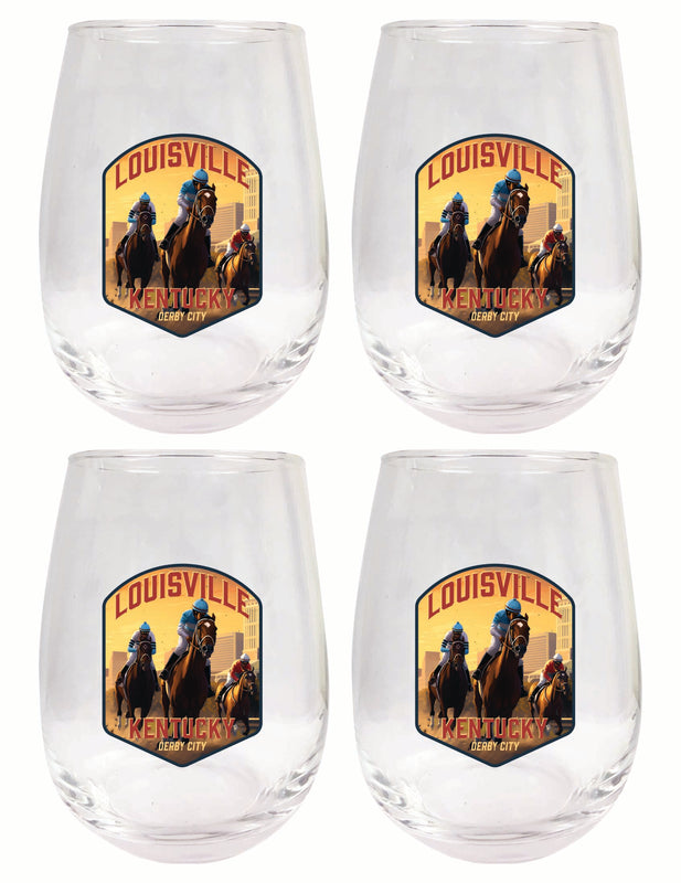 Louisville Kentucky Derby City Design Souvenir 15 oz Stemless Wine Glass 4-Pack