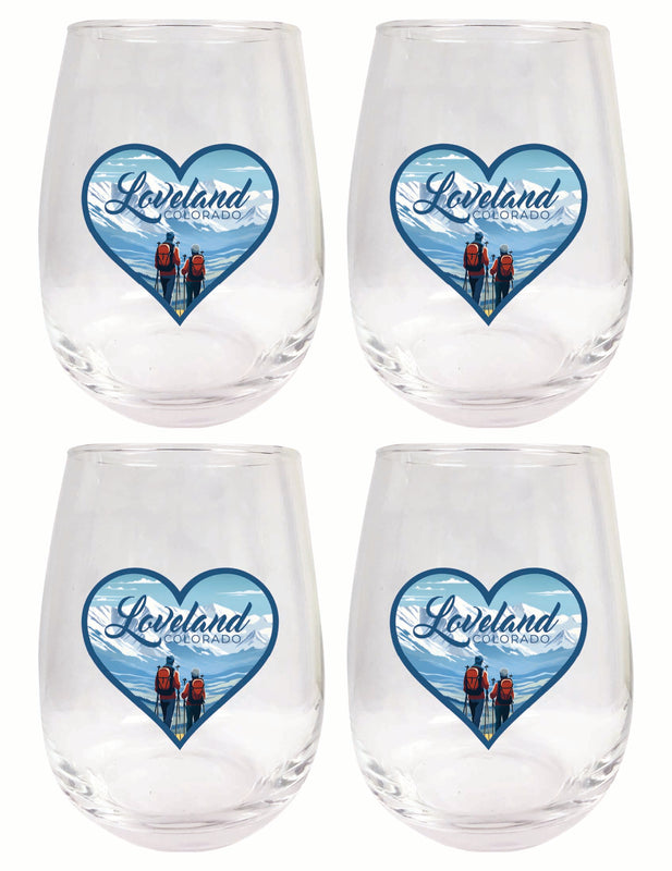 Loveland Colorado Ski Love Design Souvenir 15 oz Stemless Wine Glass 4-Pack