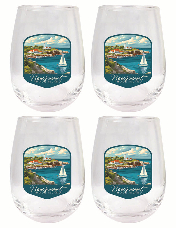 Newport Rhode Island Lighthouse on the Coast Design Souvenir 15 oz Stemless Wine Glass 4-Pack