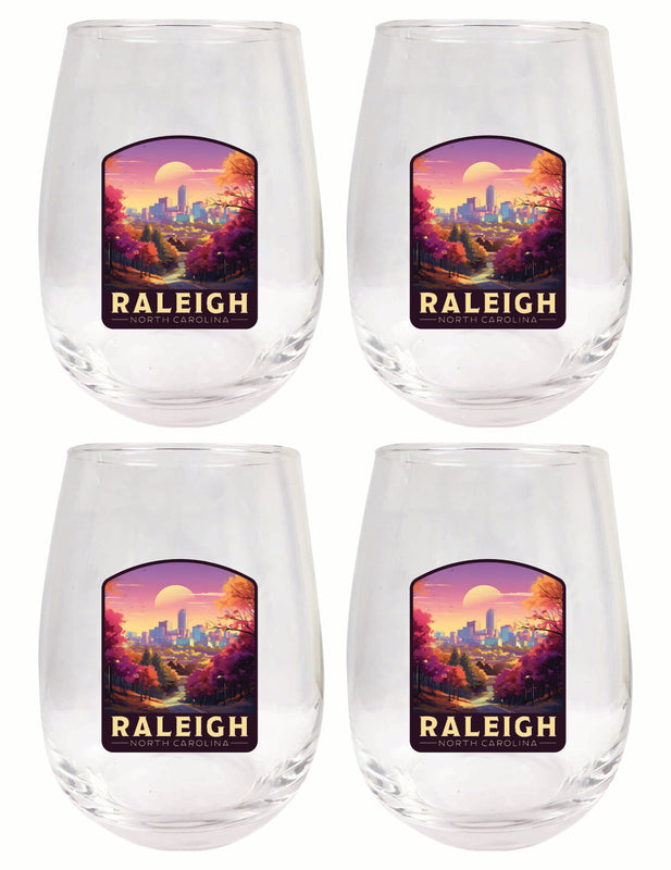 Raleigh North Carolina City of Oaks Design Souvenir 15 oz Stemless Wine Glass 4-Pack
