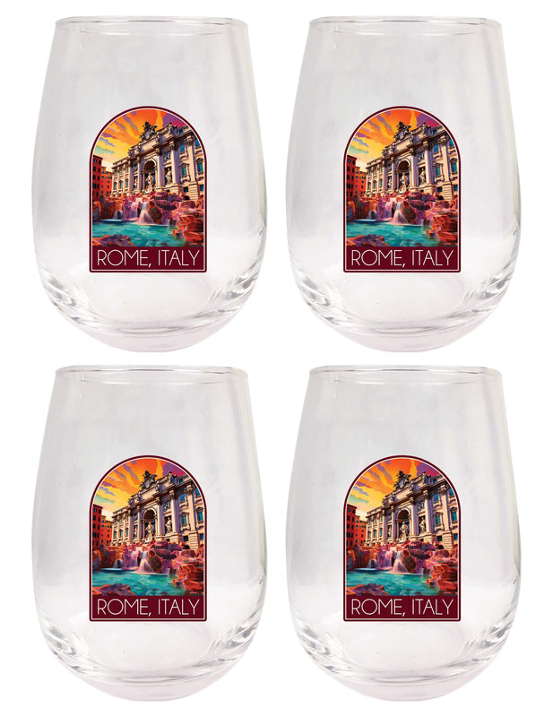 Rome Italy Design B Souvenir 15 oz Stemless Wine Glass 4-Pack