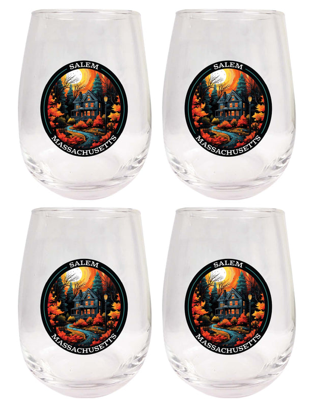 Salem Massachussettes Design B Souvenir 15 oz Stemless Wine Glass 4-Pack