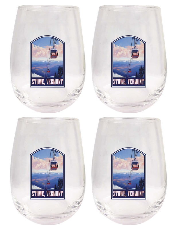 Stowe Mountain Vermont Design B Souvenir 15 oz Stemless Wine Glass 4-Pack