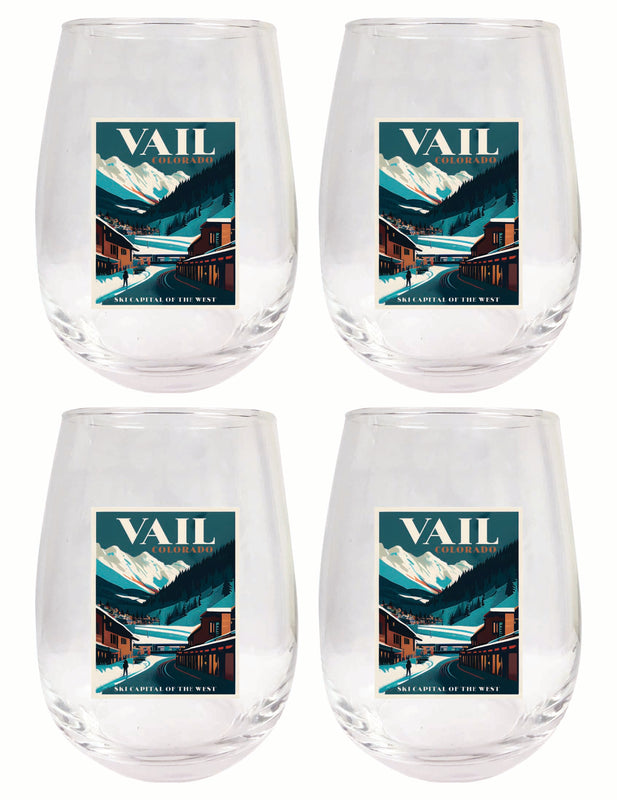 Vail Colorado Design B Souvenir 15 oz Stemless Wine Glass 4-Pack