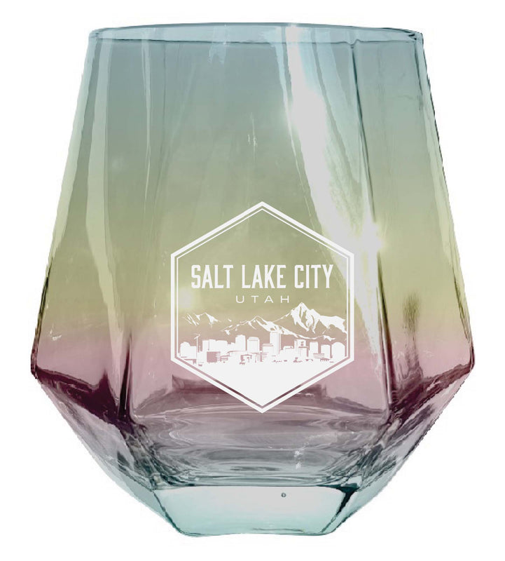 Salt Lake City Utah Souvenir Stemless Diamond Wine Glass Engraved 15 oz Iridescent 4-Pack