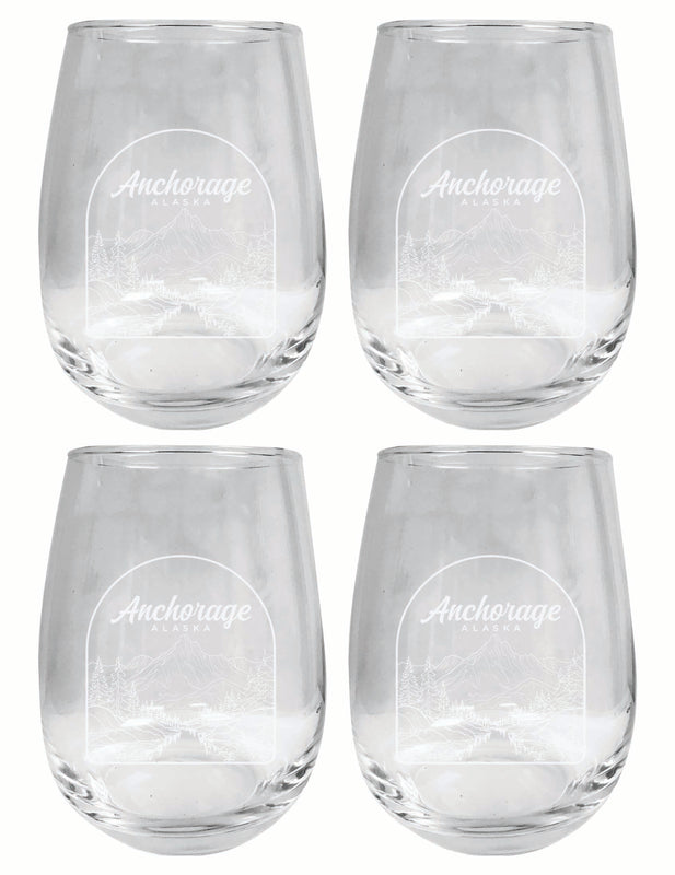 Anchorage Alaska Souvenir 15 oz Engraved Stemless Wine Glass 4-Pack