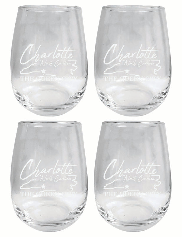 Charlotte North Carolina Souvenir 15 oz Engraved Stemless Wine Glass 4-Pack