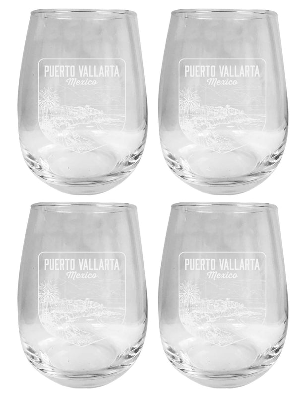 Puerto Vallarta Mexico Souvenir 15 oz Engraved Stemless Wine Glass 4-Pack