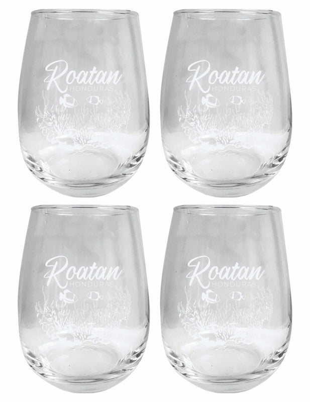 Roatan Honduras Souvenir 15 oz Engraved Stemless Wine Glass 4-Pack