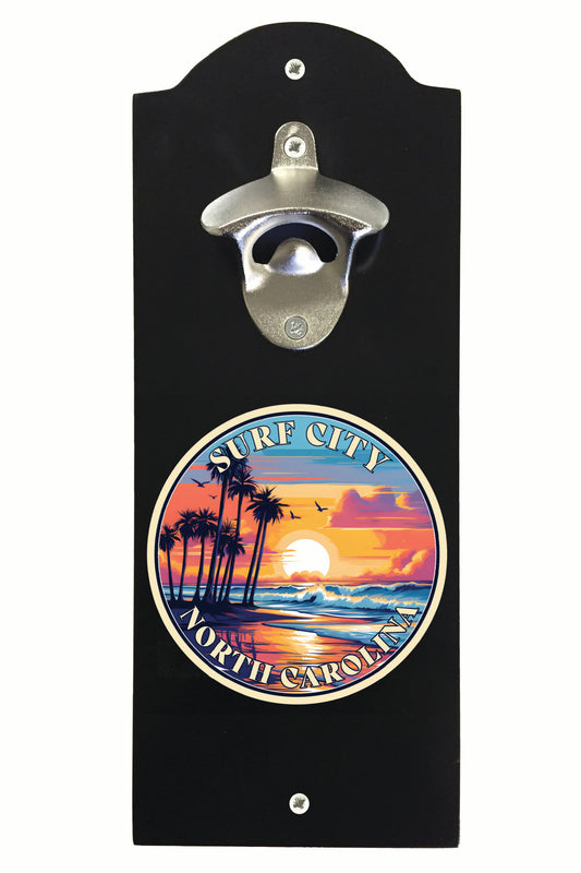 Surf City North Carolina Palm Sunset Design Souvenir Wall mounted bottle opener Black Black