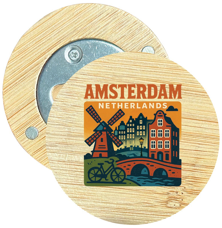 Amsterdam Netherlands Vintage Design Souvenir Round Wood Magnetic Bottle Opener 2.5"