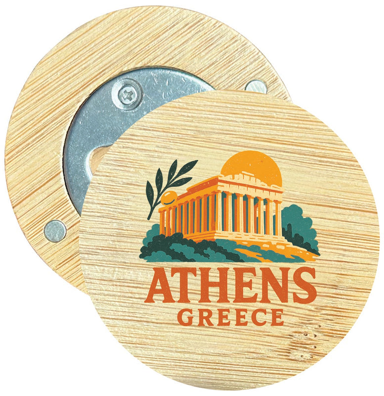 Athens Greece Vintage Design Souvenir Round Wood Magnetic Bottle Opener 2.5"