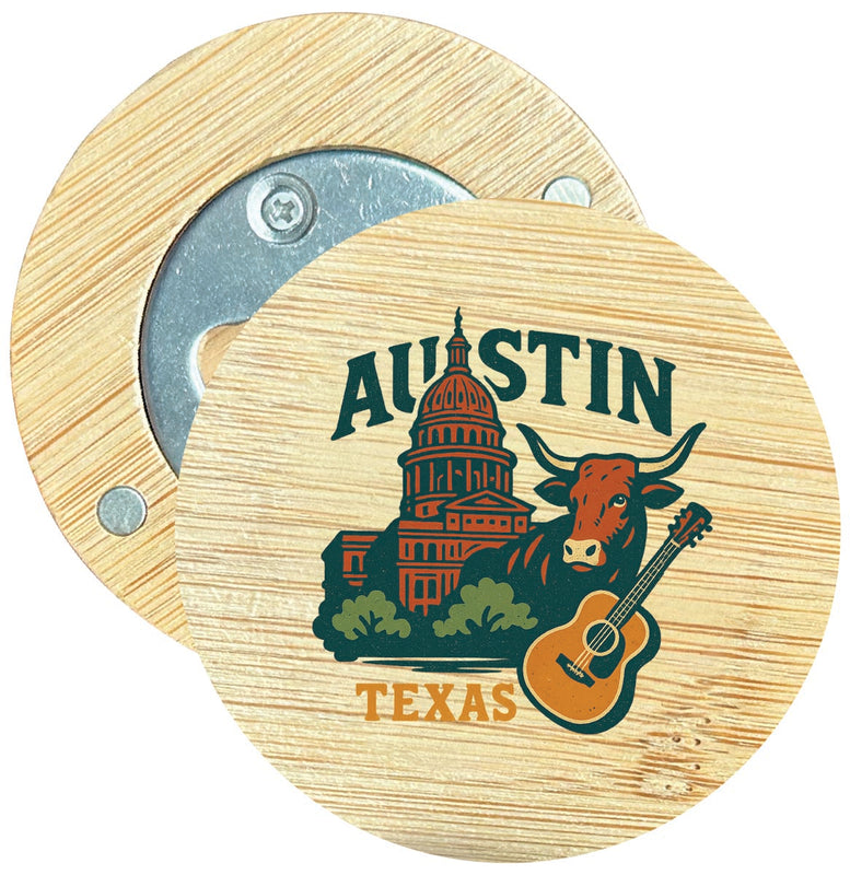 Austin Texas Vintage Design Souvenir Round Wood Magnetic Bottle Opener 2.5"