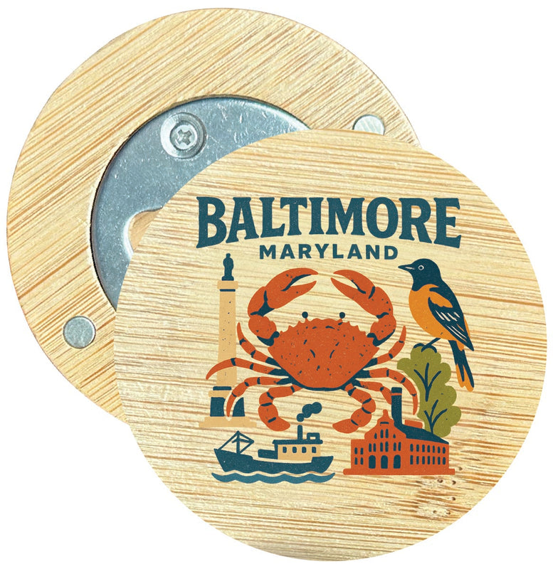 Baltimore Maryland Vintage Design Souvenir Round Wood Magnetic Bottle Opener 2.5"