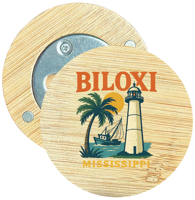 Biloxi Mississippi Vintage Design Souvenir Round Wood Magnetic Bottle Opener 2.5"
