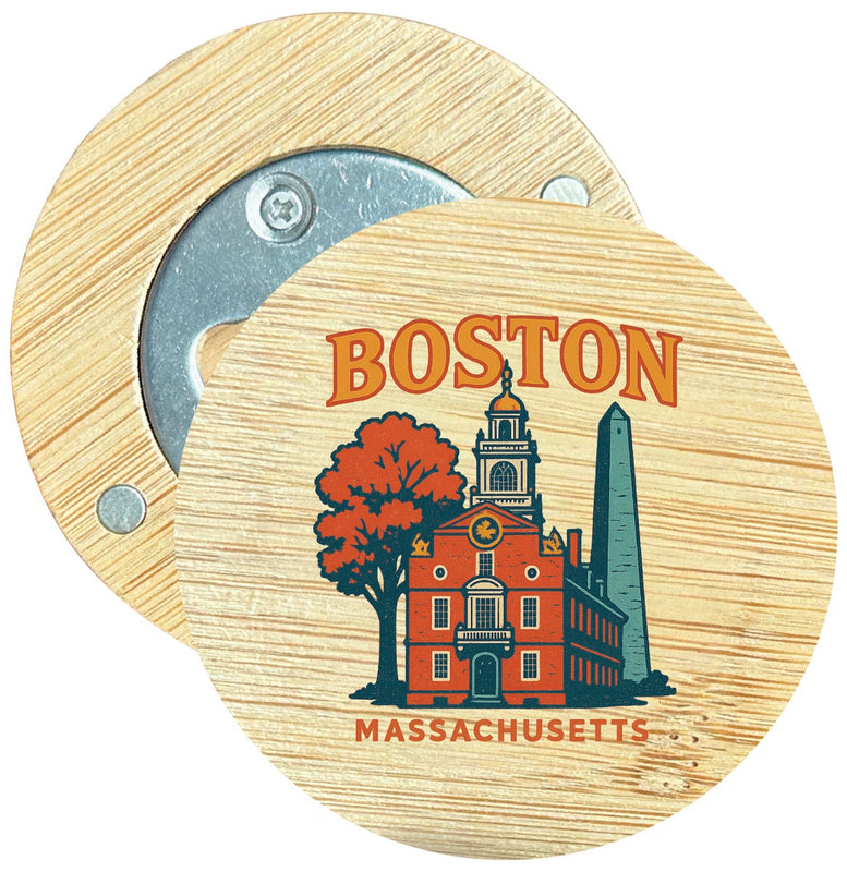 Boston Massachusetts Vintage Design Souvenir Round Wood Magnetic Bottle Opener 2.5"