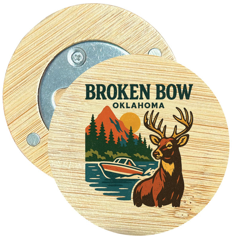 Broken Bow Oklahoma Vintage Design Souvenir Round Wood Magnetic Bottle Opener 2.5"