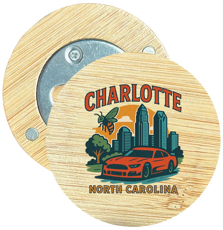 Charlotte North Carolina Vintage Design Souvenir Round Wood Magnetic Bottle Opener 2.5"