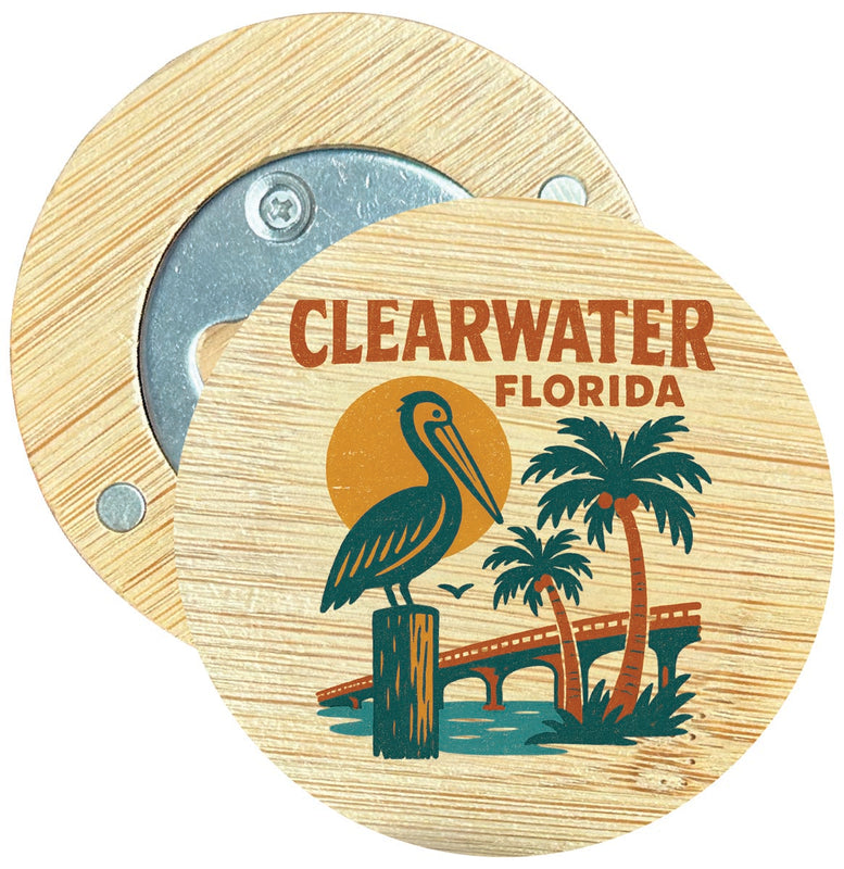 Clearwater Florida Vintage Design Souvenir Round Wood Magnetic Bottle Opener 2.5"