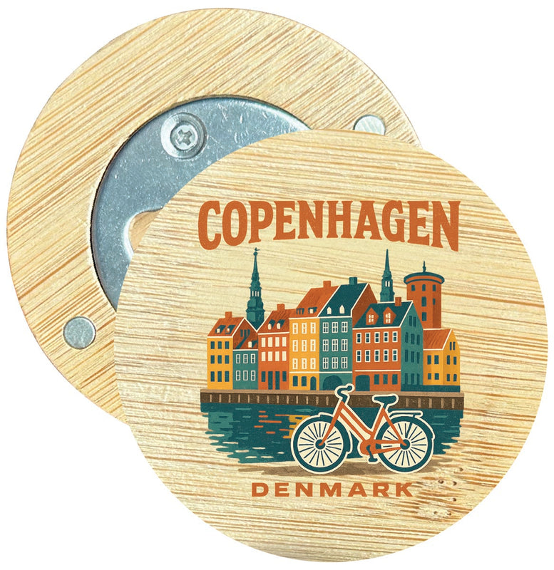Copenhagen Denmark Vintage Design Souvenir Round Wood Magnetic Bottle Opener 2.5"