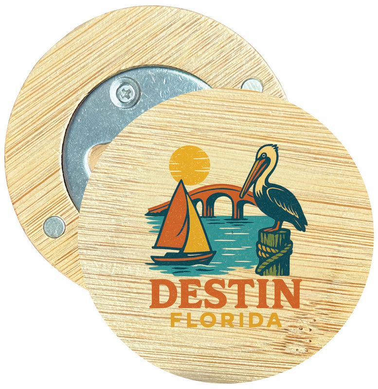 Destin Florida Vintage Design Souvenir Round Wood Magnetic Bottle Opener 2.5"