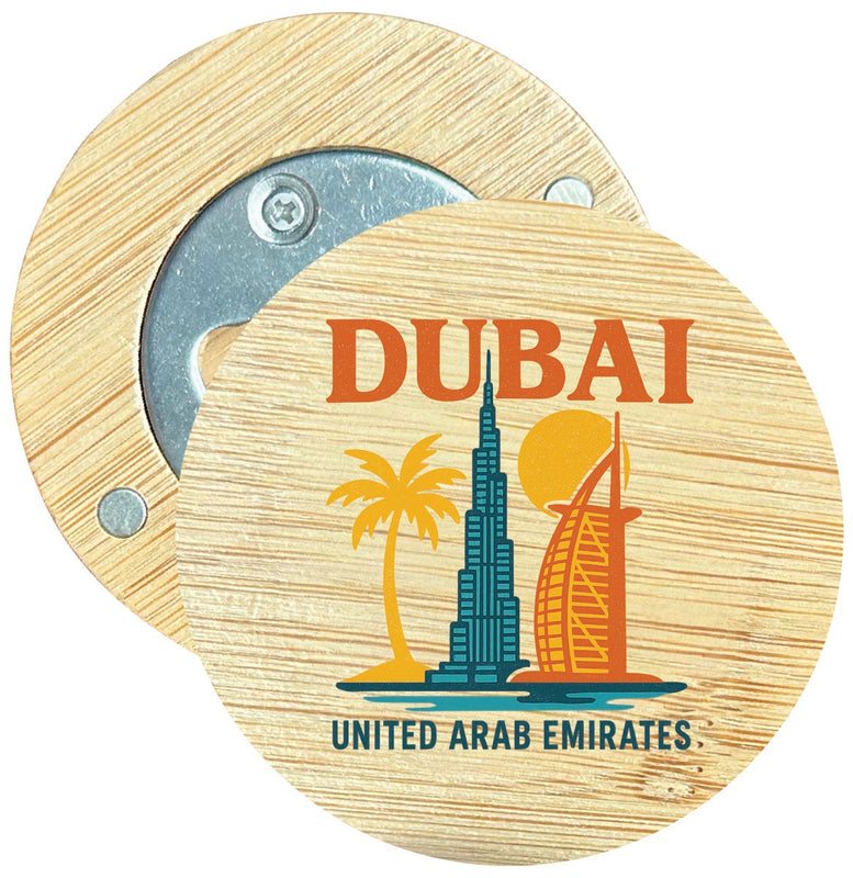 Dubai United Arab Emirates Vintage Design Souvenir Round Wood Magnetic Bottle Opener 2.5"