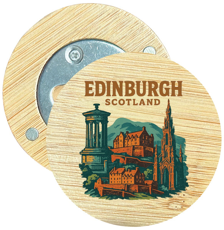 Edinburgh Scotland Vintage Design Souvenir Round Wood Magnetic Bottle Opener 2.5"