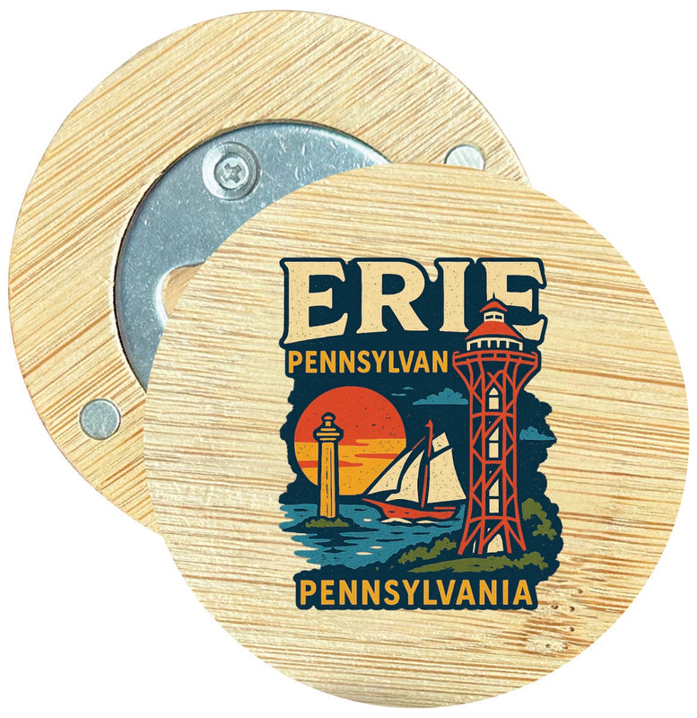 Erie Pennsylvania Vintage Design Souvenir Round Wood Magnetic Bottle Opener 2.5"