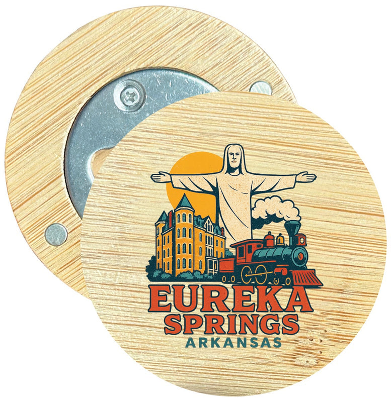 Eureka Springs Arkansas Vintage Design Souvenir Round Wood Magnetic Bottle Opener 2.5"