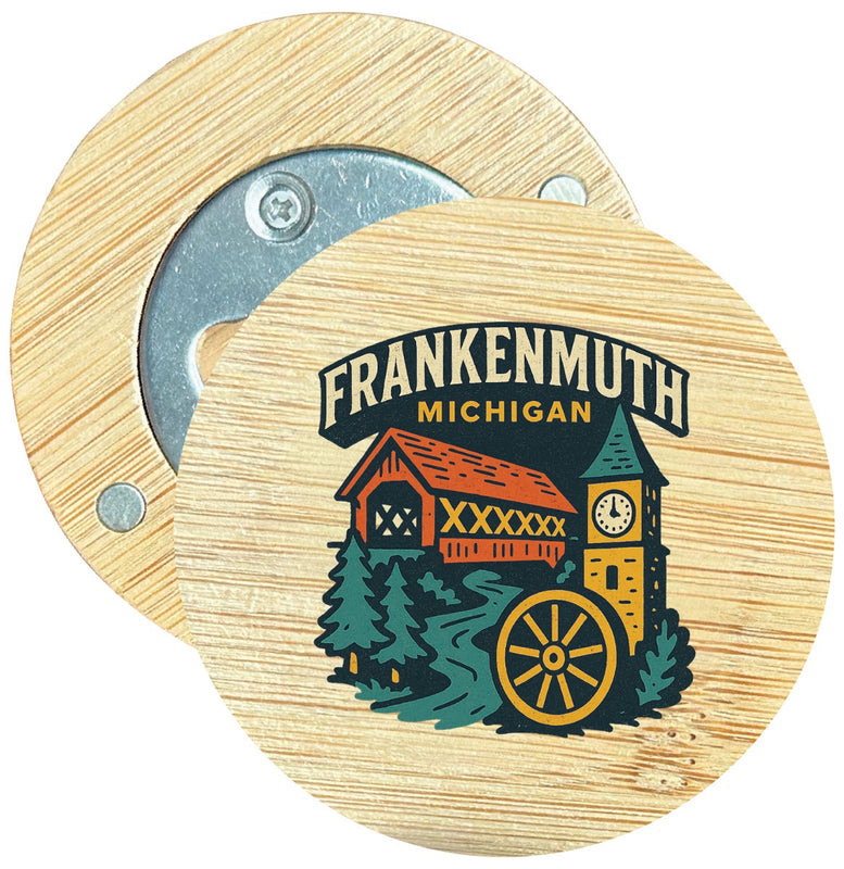 Frankenmuth Michigan Vintage Design Souvenir Round Wood Magnetic Bottle Opener 2.5"