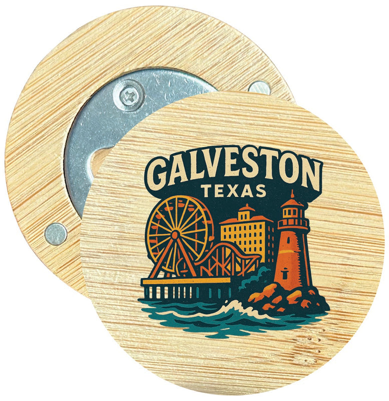 Galveston Texas Vintage Design Souvenir Round Wood Magnetic Bottle Opener 2.5"