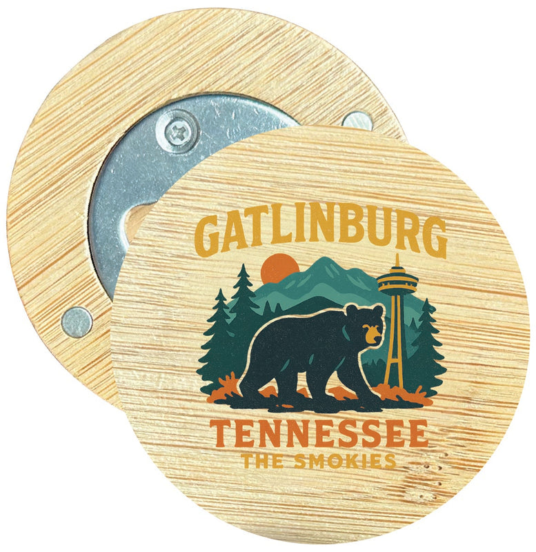 Gatlinburg Tennessee Vintage Design Souvenir Round Wood Magnetic Bottle Opener 2.5"