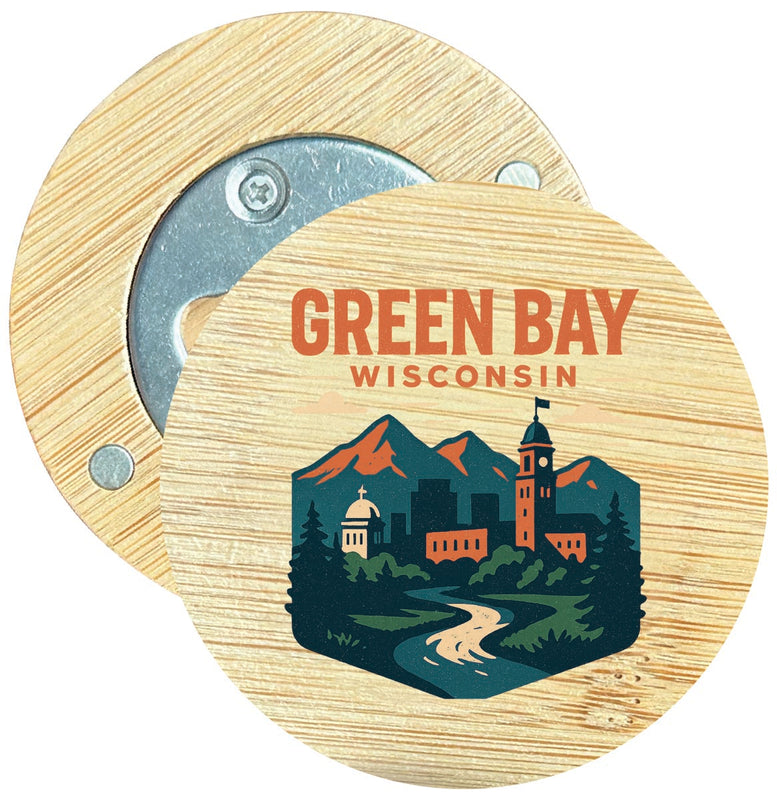 Green Bay Wisconsin Vintage Design Souvenir Round Wood Magnetic Bottle Opener 2.5"
