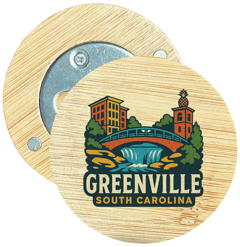 Greenville South Carolina Vintage Design Souvenir Round Wood Magnetic Bottle Opener 2.5"