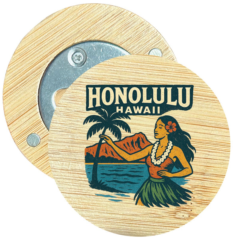 Honolulu Hawaii Vintage Design Souvenir Round Wood Magnetic Bottle Opener 2.5"