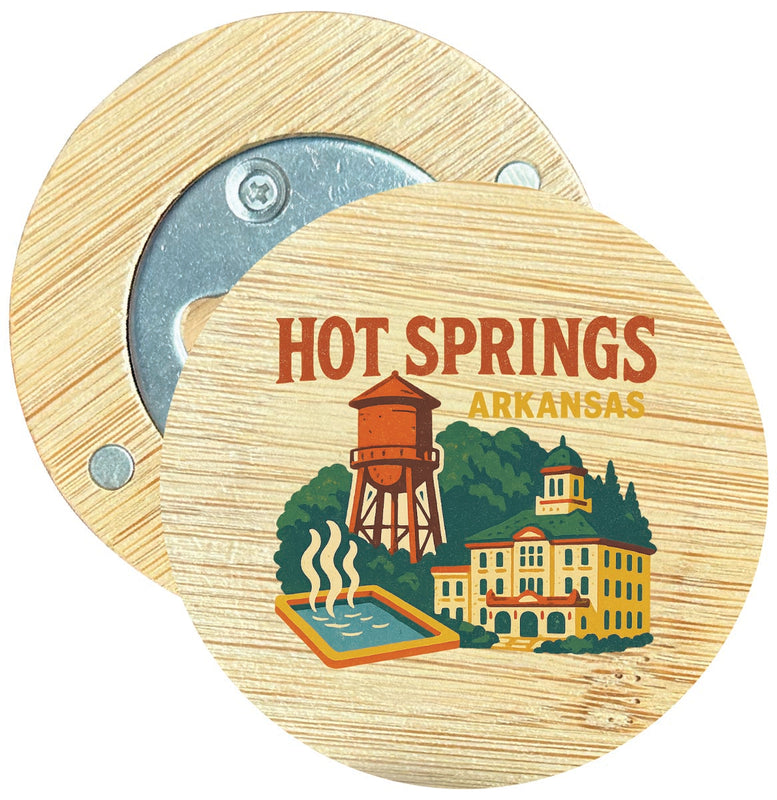 Hot Springs Arkansas Vintage Design Souvenir Round Wood Magnetic Bottle Opener 2.5"