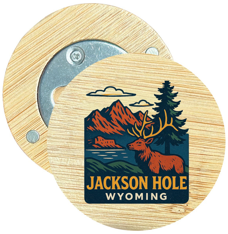 Jackson Hole Wyoming Vintage Design Souvenir Round Wood Magnetic Bottle Opener 2.5"