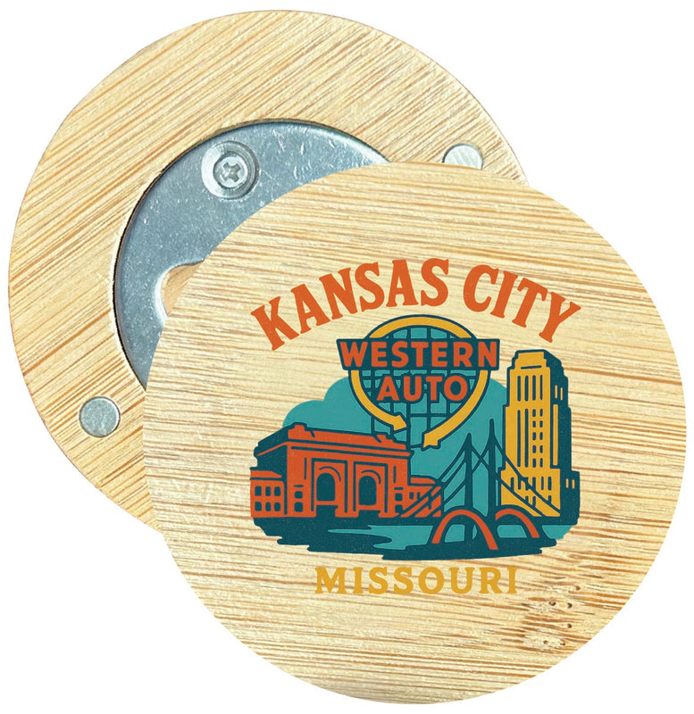Kansas City Missouri Vintage Design Souvenir Round Wood Magnetic Bottle Opener 2.5"