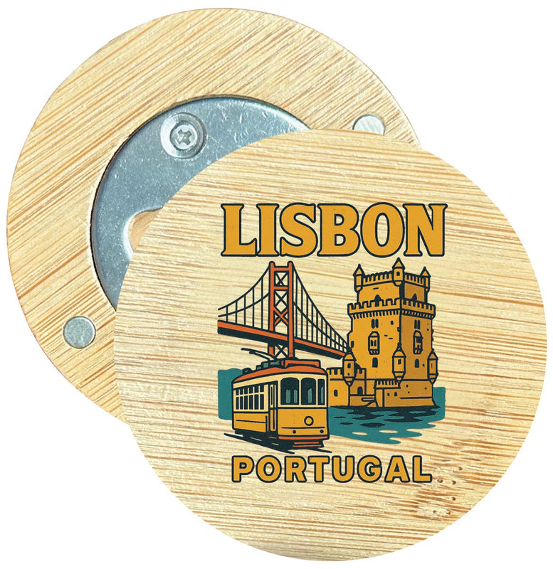 Lisbon Portugal Vintage Design Souvenir Round Wood Magnetic Bottle Opener 2.5"
