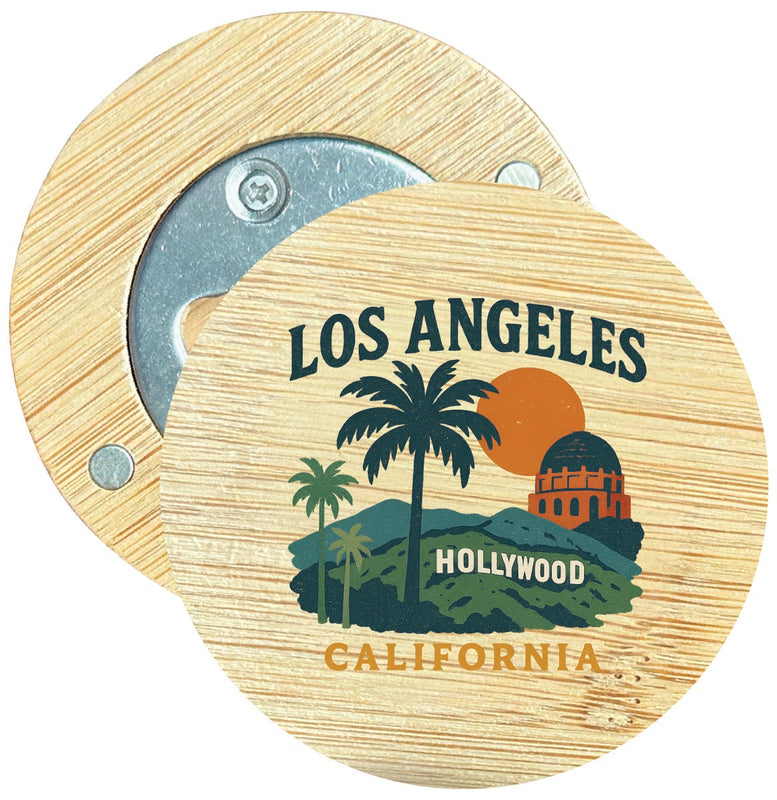 Los Angeles California Vintage Design Souvenir Round Wood Magnetic Bottle Opener 2.5"