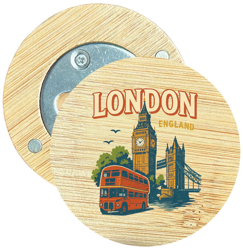 London England Vintage Design Souvenir Round Wood Magnetic Bottle Opener 2.5"