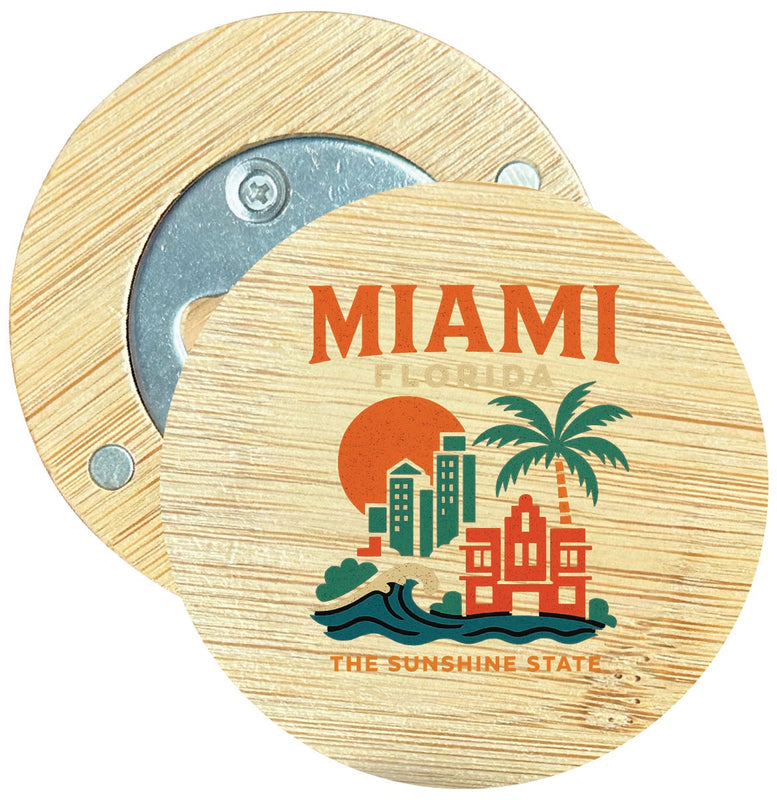 Miami Florida Vintage Design Souvenir Round Wood Magnetic Bottle Opener 2.5"